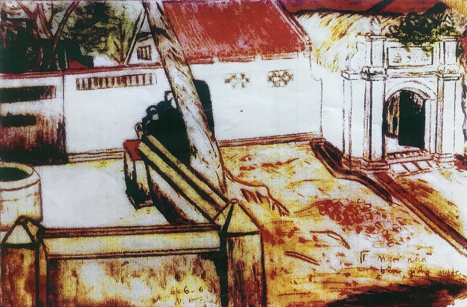 Bức họa dựng lại toàn cảnh Giếng Điếm Kiều của làng (trước khi xã bán cho ông An và bà Đính) và ngõ đi riêng của gia đình ông Tiệm