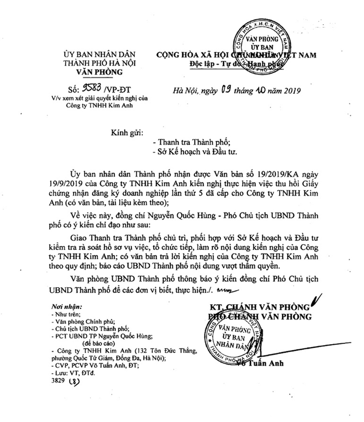 Bản án phuc thẩm đã có hiệu lực nhưng ông Nguyễn Quốc Hùng, Phó Chủ tịch UBND TP Hà Nội vẫn chỉ đạo làm rõ nội dung kiến nghị thu hồi GCNĐKDN  lần thứ 5 đã cấp cho Kim Anh.