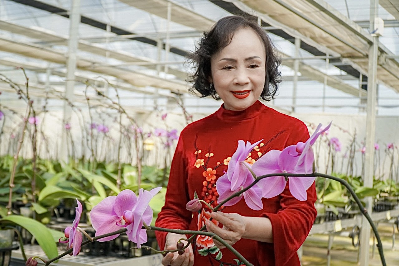 Bà Trần Thị Loan Bà  nâng niu chăm sóc từng cánh hoa lan