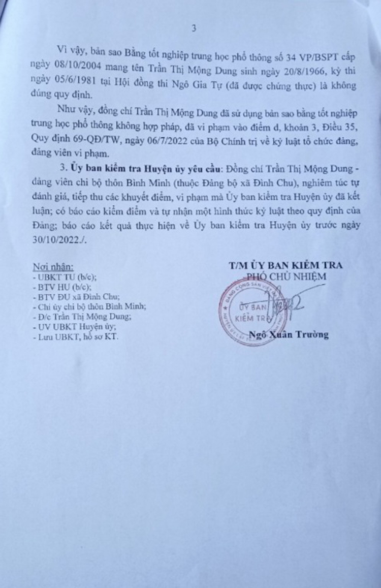 Ông Trường là người ký Thông báo số 49-TB/UBKTHU của Ủy ban Kiểm tra huyện ủy Lập Thạch, Kết luận thông báo về vi phạm của bà Dung.