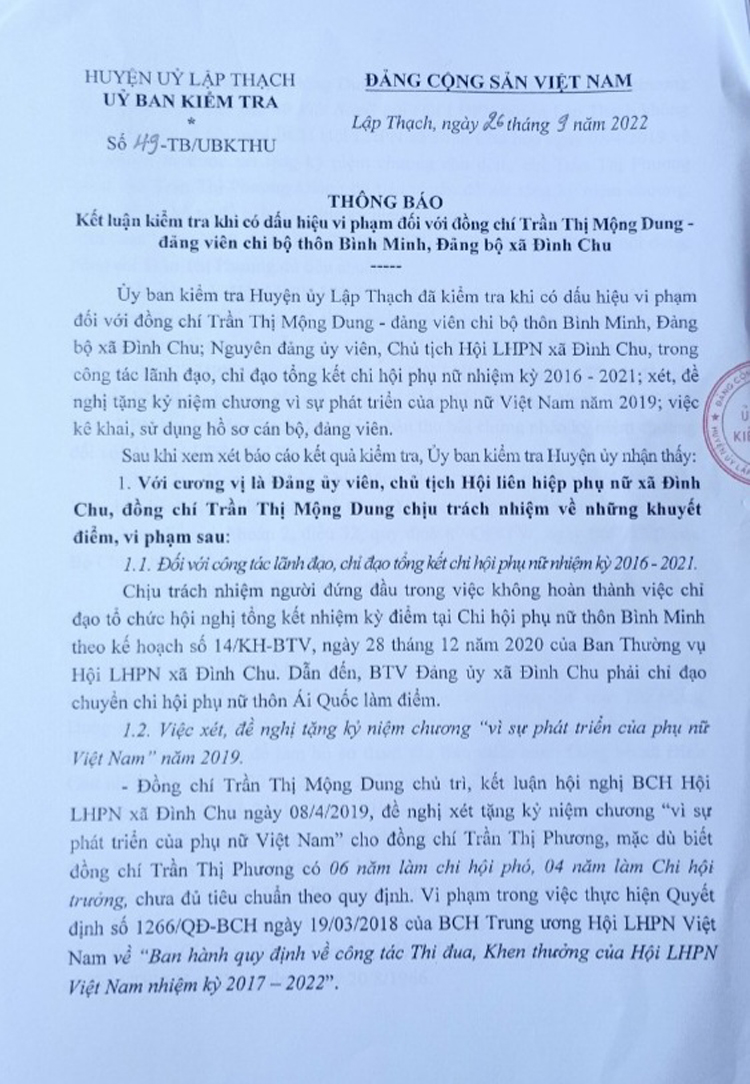 Ông Trường là người ký Thông báo số 49-TB/UBKTHU của Ủy ban Kiểm tra huyện ủy Lập Thạch, Kết luận thông báo về vi phạm của bà Dung.