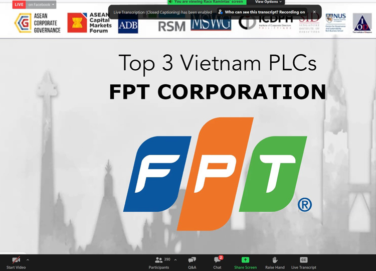 FPT được vinh Danh Top 3 Công ty niêm yết có quản trị công ty tốt nhất khu vực ASEAN (ảnh chụp màn hình) 
