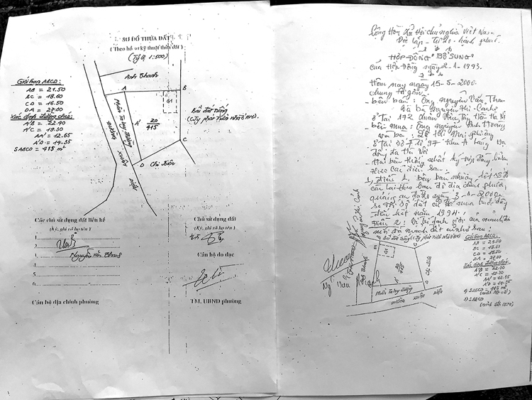 Hợp đồng bổ sung viết tay cho anh Nguyễn Anh Hoàng và vợ là Lê Mai Phương, tổng diện tích thành 415m2 (có vẽ sơ đồ hình thửa)