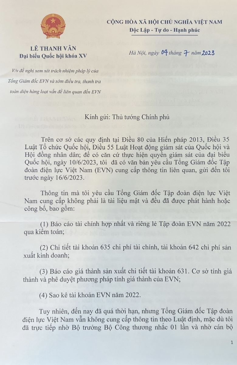 Ngày 4/07/2023, đại biểu Lê Thanh Vân đã có văn bản gửi Thủ tướng Chính phủ đề nghị Thủ tướng Chính phủ xem xét trách nhiệm pháp lý của Tổng giám đốc EVN. 