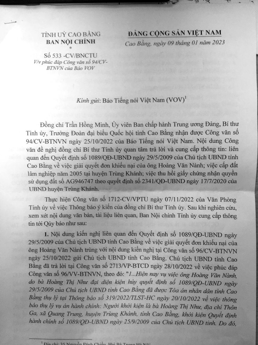 Công văn số 533-CV/BNCTU, ngày 9/1/2023 của Ban Nội chính Tỉnh ủy Cao Bằng.