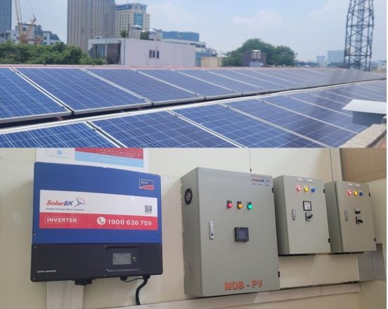 Hệ thống điện mặt trời mái nhà lắp đặt trên mái tòa nhà C của trụ sở EVNHANOI tại 69 Đinh Tiên Hoàng, Hoàn Kiếm, Hà Nội.