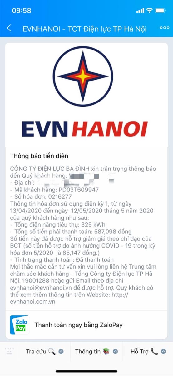 Thông báo tiền điện trên Trang EVNHANOI tại ứng dụng Zalo