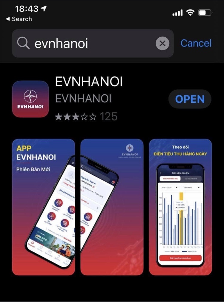 Giao diện App EVNHANOI trên kho ứng dụng.