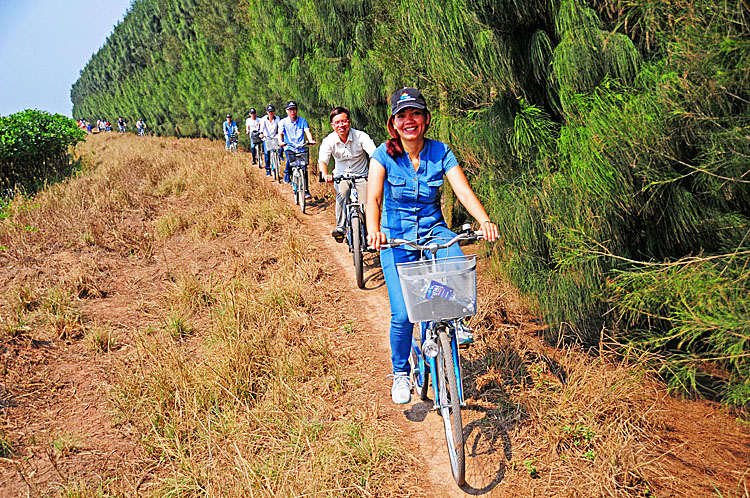 Du khách tham gia tour xe đạp khám phá khu Ramsa VQG Xuân Thủy, Xuân Trường, Nam Định. 	Ảnh: Thành Công