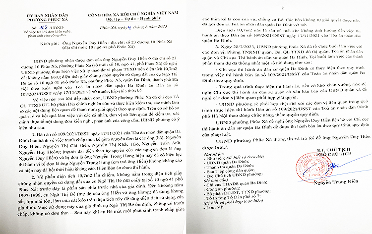 Văn bản số 168/UBND của UBND phường Phúc Xá trả lời đơn thư của ông Nguyễn Duy Hiển