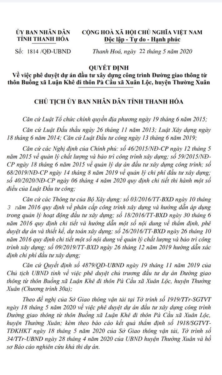 Ngày 22/5/2020, UBND tỉnh Thanh Hóa ban hành QĐ 1814 về việc phê duyệt DA..
