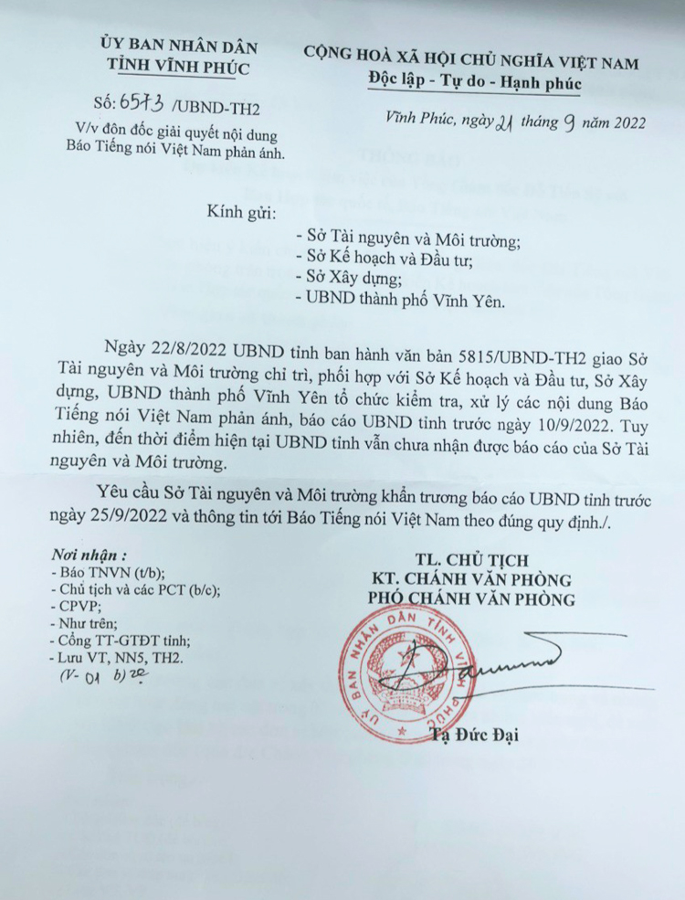 UBND tỉnh Vĩnh Phúc tiếp tục ra văn bản chỉ yêu cầu Sở TN&MT kiểm tra, xử lý đồng thời báo cáo UBND tỉnh trước ngày 25/9/2022...