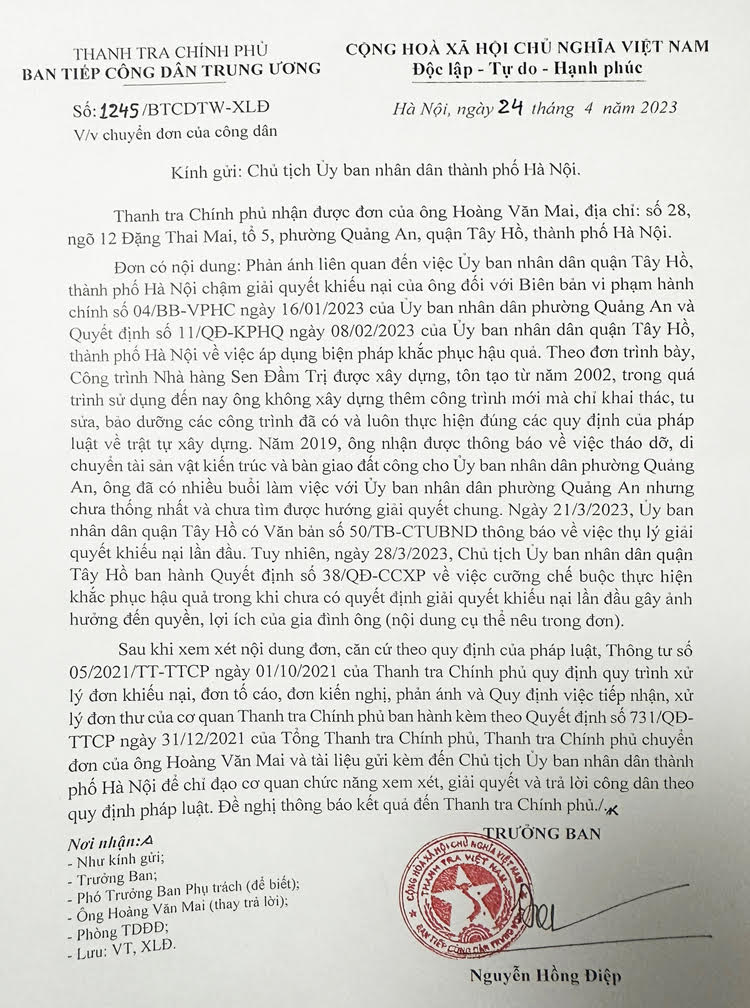 Thanh tra Chính Phủ có văn bản gửi Chủ tịch UBND TP Hà Nội
