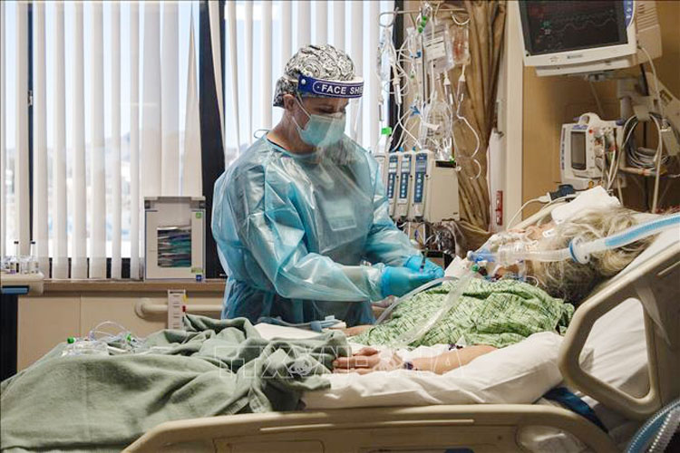 Nhân viên y tế điều trị cho bệnh nhân Covid-19 tại trung tâm y tế ở Apple Valley, California, Mỹ. (Ảnh: AFP/TTXVN)