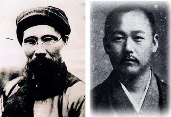 Chân dung nhà chí sĩ Phan Bội Châu và bác sĩ Asaba Sakirato. (Ảnh: TL)