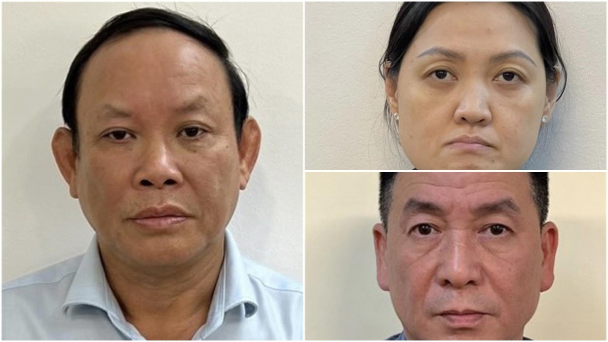 Bị can Nguyễn Đức Thái (trái) và các đồng phạm trong vụ án. (Ảnh: Công an cung cấp)