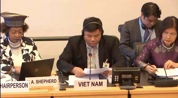 Ông  Y Thông - Thứ trưởng, Phó Chủ nhiệm Ủy ban Dân tộc, Trưởng đoàn Việt Nam phát biểu tại khóa họp lần thứ 111 của Ủy ban Công ước Xóa bỏ mọi hình thức phân biệt chủng tộc (CERD). (Ảnh chụp màn hình/Nguồn: webtv.un.org)
