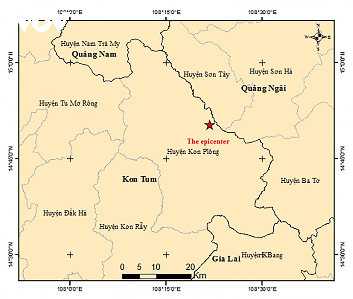 Bản đồ chấn tâm động đất xảy ra lúc 8h35 ngày 28/7 tại khu vực huyện Kon Plông, tỉnh Kon Tum. (Ảnh: Viện Vật lý địa cầu)