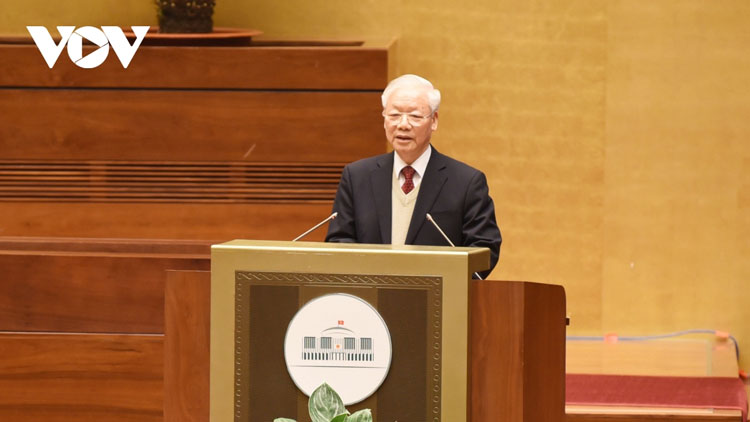 Tổng Bí thư Nguyễn Phú Trọng phát biểu tại Hội nghị đối ngoại toàn quốc triển khai thực hiện Nghị quyết Đại hội đại biểu toàn quốc lần thứ XIII của Đảng. (Ảnh: Kim Anh)