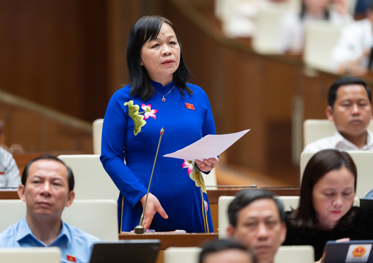 Đại biểu Nguyễn Thị Mai Hoa (Đoàn ĐBQH Đồng Tháp) tranh luận về vấn đề giáo viên nghỉ việc.