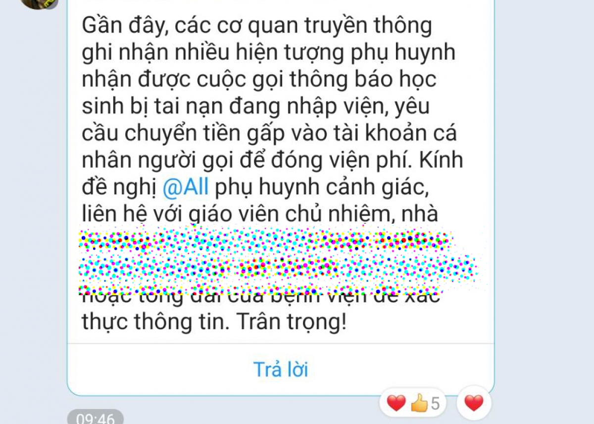 Giáo viên trường PTCS Lương Thế Vinh gửi cảnh báo tới phụ huynh trong lớp.