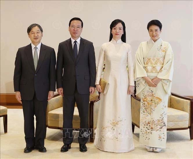 Chủ tịch nước Võ Văn Thưởng và Phu nhân hội kiến Nhà vua Nhật Bản Naruhito và Hoàng hậu Masako. (Ảnh: TTXVN)