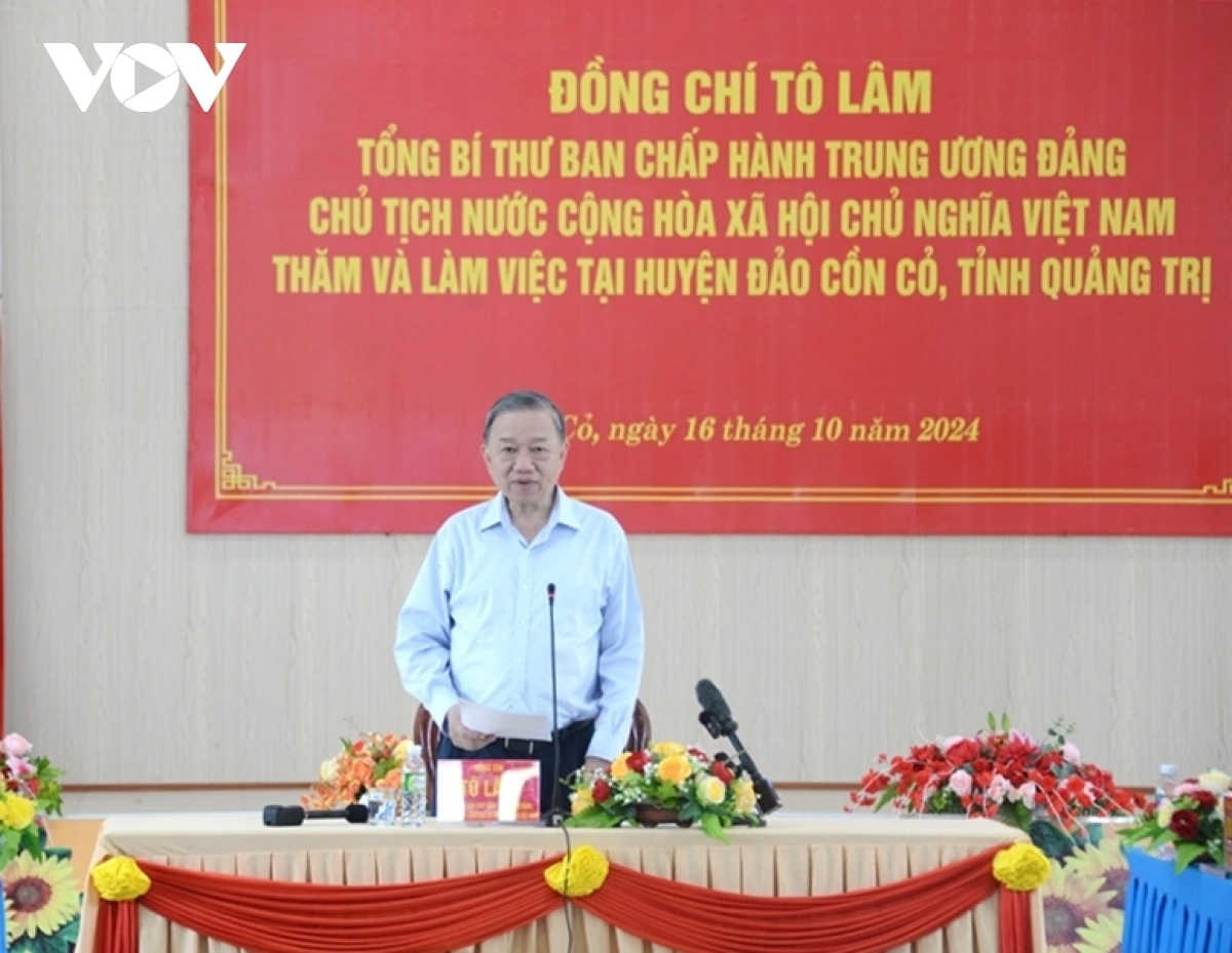 Tổng Bí thư, Chủ tịch nước Tô Lâm phát biểu tại buổi làm việc với huyện đảo Cồn Cỏ.