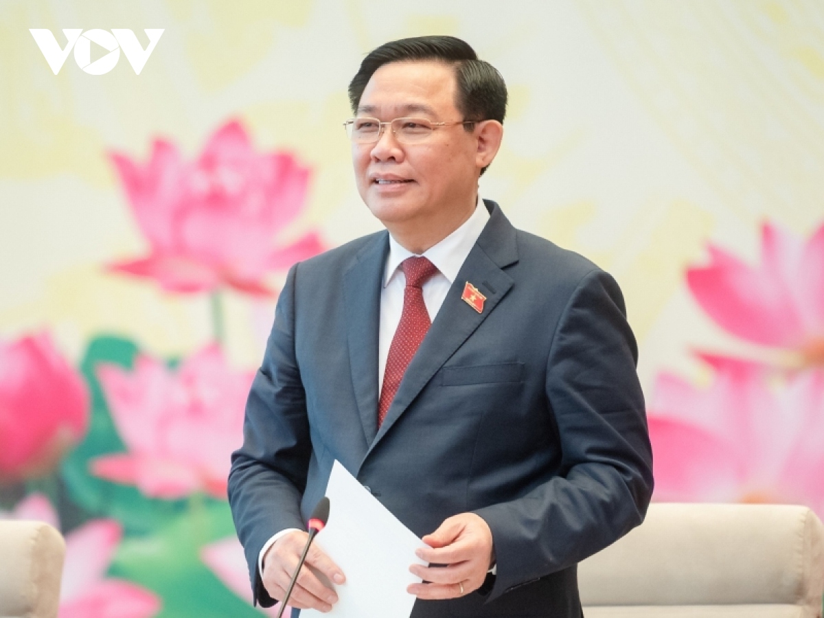 Chủ tịch Quốc hội Vương Đình Huệ phát biểu tại cuộc gặp mặt.