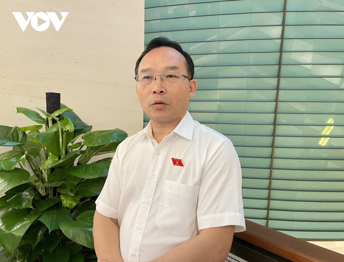 Đại biểu Trần Văn Tuấn (Đoàn ĐBQH Bắc Giang) trả lời phỏng vấn bên hành làng Quốc hội.