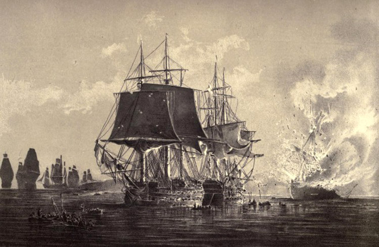 Tàu Vsevolod của Nga bị phá hủy ngay trước mắt Hạm đội Nga trên Vịnh Rogerwick năm 1808 (Ảnh: RBTH)