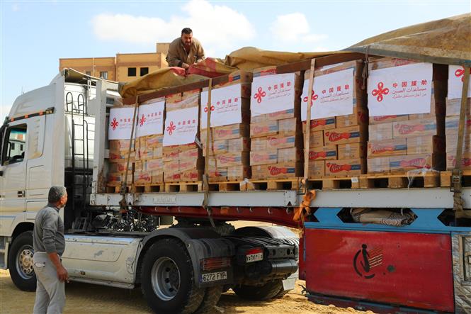 Xe tải chở hàng nhân đạo cho Dải Gaza chờ tại Cairo, Ai Cập, ngày 27/11/2023. (Ảnh: THX/TTXVN)