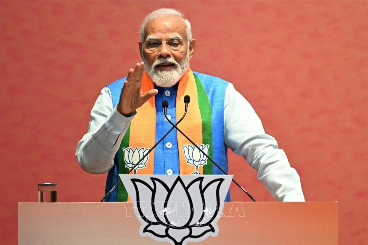 Thủ tướng Ấn Độ Narendra Modi phát biểu tại trụ sở của đảng Bharatiya Janata (BJP) ở New Delhi ngày 14/4/2024. (Ảnh: AFP/TTXVN)