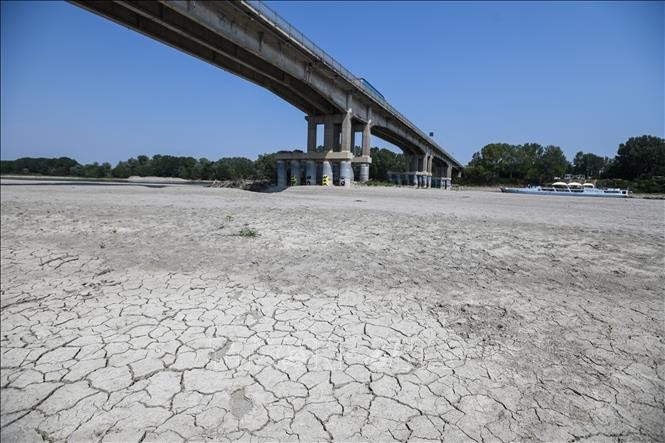 Sông Po ở Boretto, đông bắc Parma, Italy, khô cạn do hạn hán. (Ảnh: AFP)