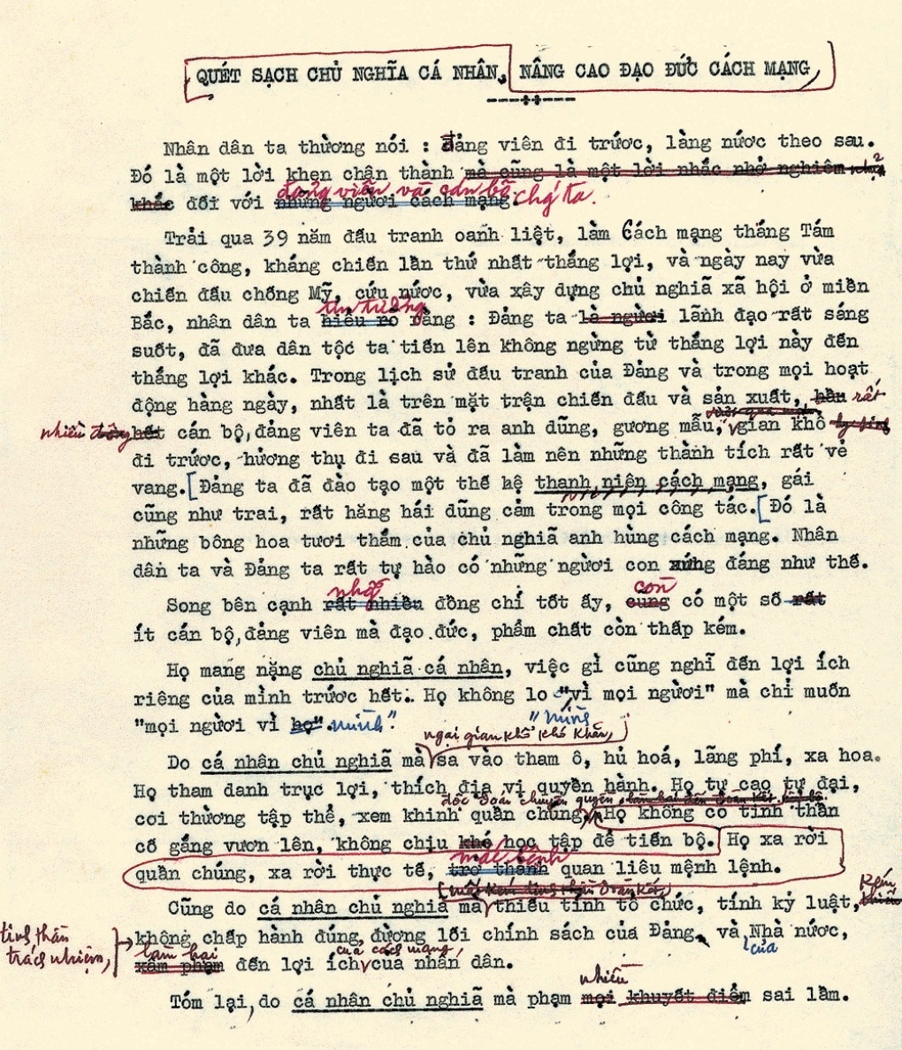 Một trang bản thảo bài viết của Chủ tịch Hồ Chí Minh: “Nâng cao đạo đức cách mạng, quét sạch chủ nghĩa cá nhân” (3/2/1969).