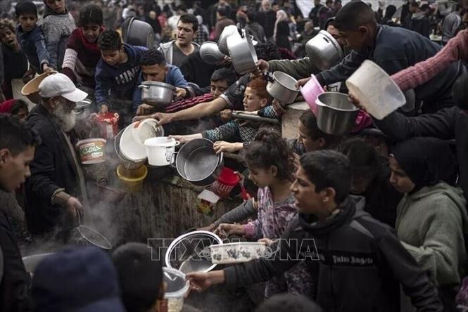 Người dân chờ nhận thực phẩm cứu trợ tại Dải Gaza. (Ảnh: IRNA/TTXVN)