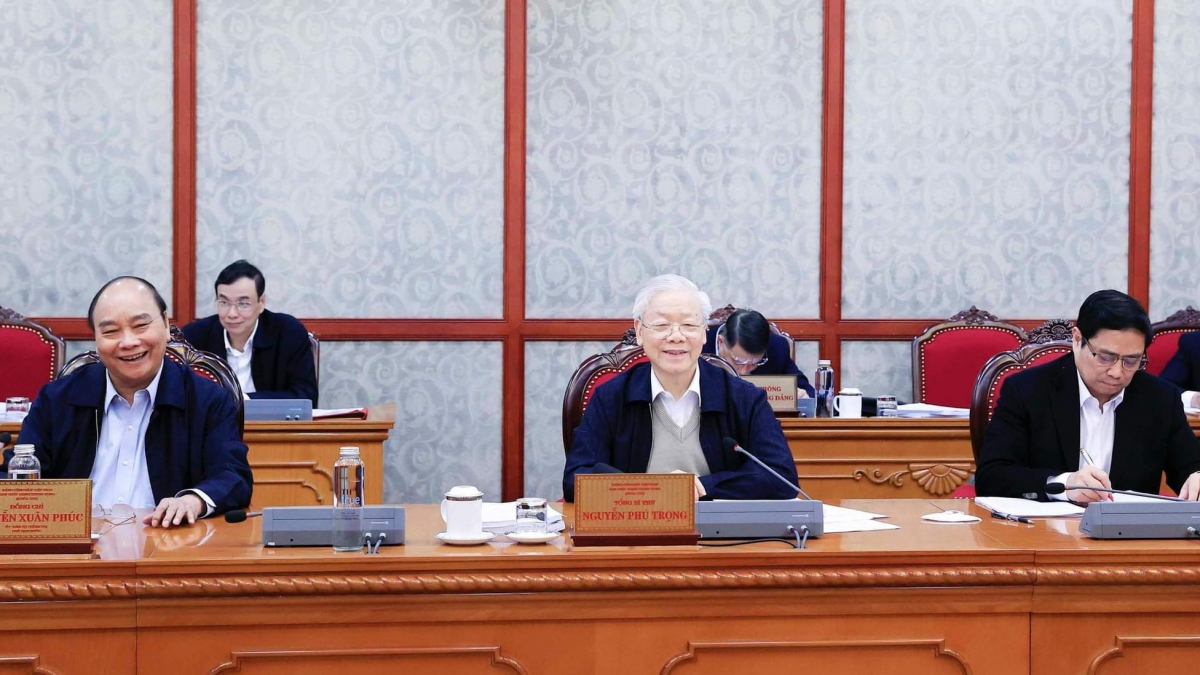Tổng Bí thư Nguyễn Phú Trọng phát biểu tại cuộc họp Bộ Chính trị ngày 11/3. (Ảnh: TTXVN)