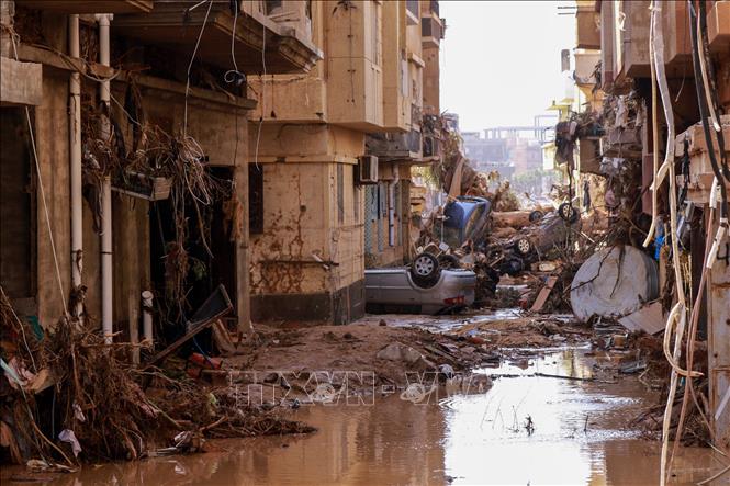 Cảnh tàn phá do lũ lụt tại Derna, Libya, ngày 13/9/2023. (Ảnh: AFP/TTXVN)
