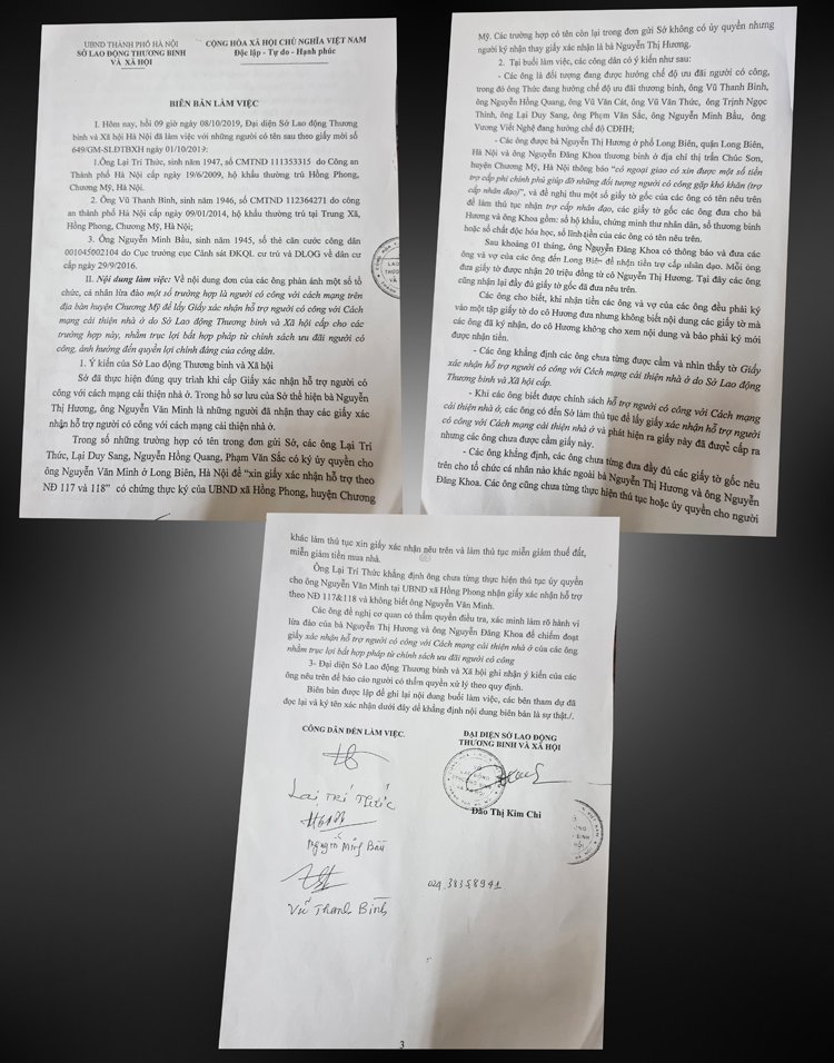 Biên bản làm việc của sở LĐ-TB&XH Hà Nội cho thấy việc giao giấy xác nhận cho bà Hương là đúng với nội dung phản ánh của ông Thức.