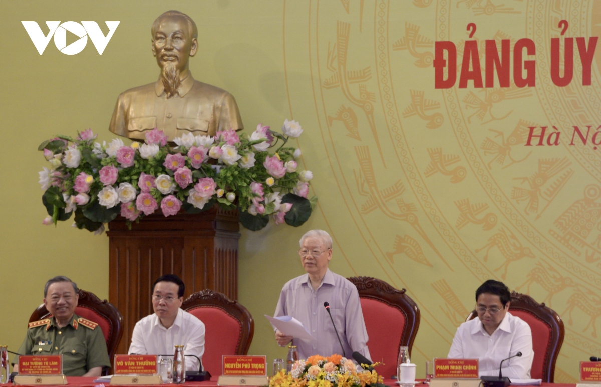 Tổng Bí thư Nguyễn Phú Trọng phát biểu chỉ đạo tại Hội nghị Đảng uỷ Công an Trung ương 6 tháng đầu năm 2023.