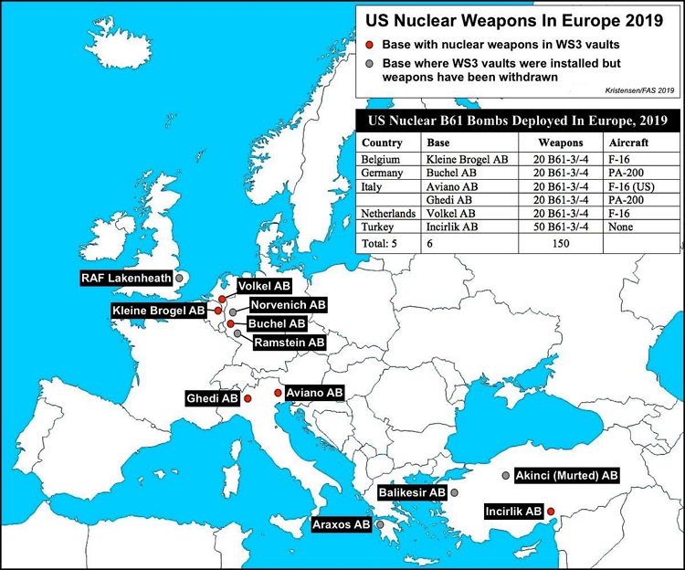 Vũ khí hạt nhân Mỹ ở Châu Âu năm 2019; Nguồn: fas.org
