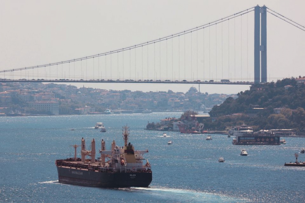 Tàu chở ngũ cốc Ukraine trên Eo biển Bosphorus, Istanbul, Thổ Nhĩ Kỳ. Ảnh: Reuters