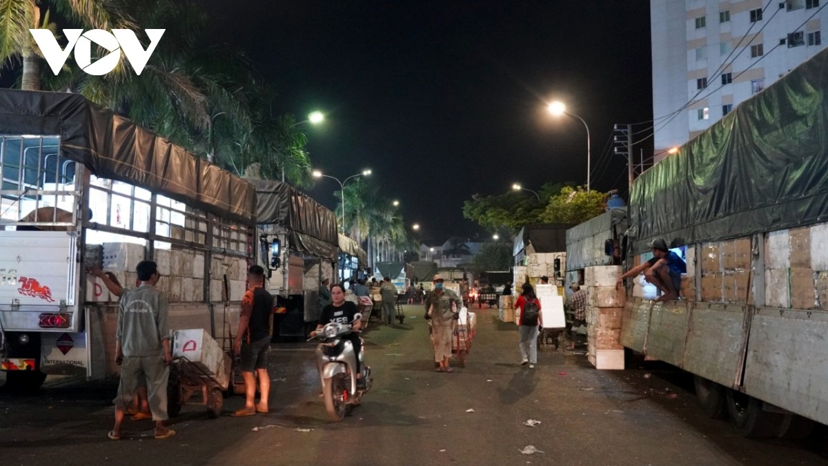 Hàng hóa đổ về chợ đầu mối nông sản thực phẩm Hóc Môn phục vụ cho người dân dịp Tết Ảnh: Hoàng Minh