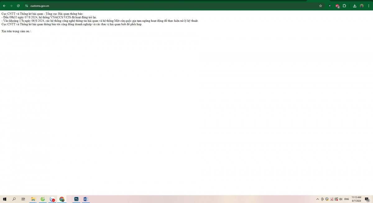 11h11 ngày 7/8, việc truy cập vào website của Tổng Cục Hải quan vẫn chưa thể thực hiện được. (Ảnh chụp màn hình)