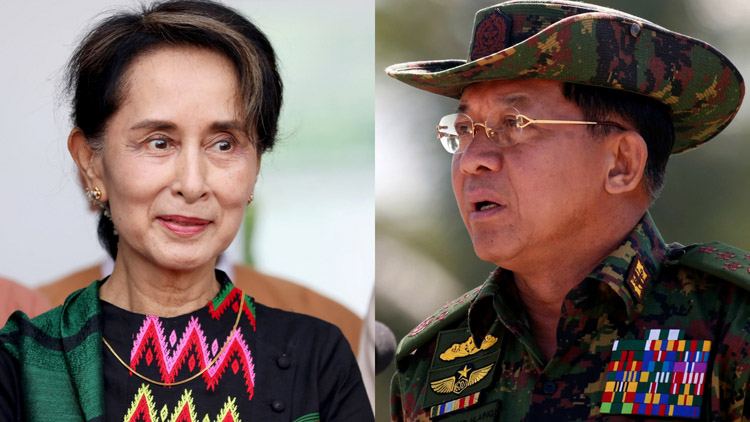Bà Aung San Suu Kyi (trái) và Tổng tư lệnh Min Aung Hliang. Ảnh: Reuters