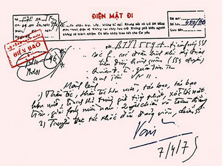 Điện mật của Đại tướng, Tổng Tư lệnh Võ Nguyên Giáp gửi các đơn vị tham gia chiến dịch Hồ Chí Minh lịch sử, ngày 7/4/1975. (Ảnh: Bảo tàng lịch sử quốc gia)