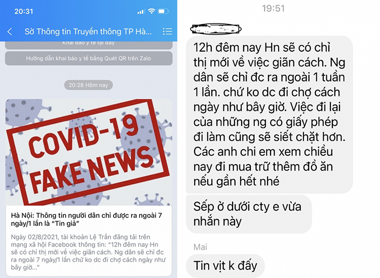 Thông tin “Hà Nội siết quy định chỉ cho người dân được ra ngoài 7 ngày/1 lần” được nhiều người chia sẻ trên mạng xã hội và ngay lập tức được Sở TT&TT Hà Nội khẳng định là tin giả.