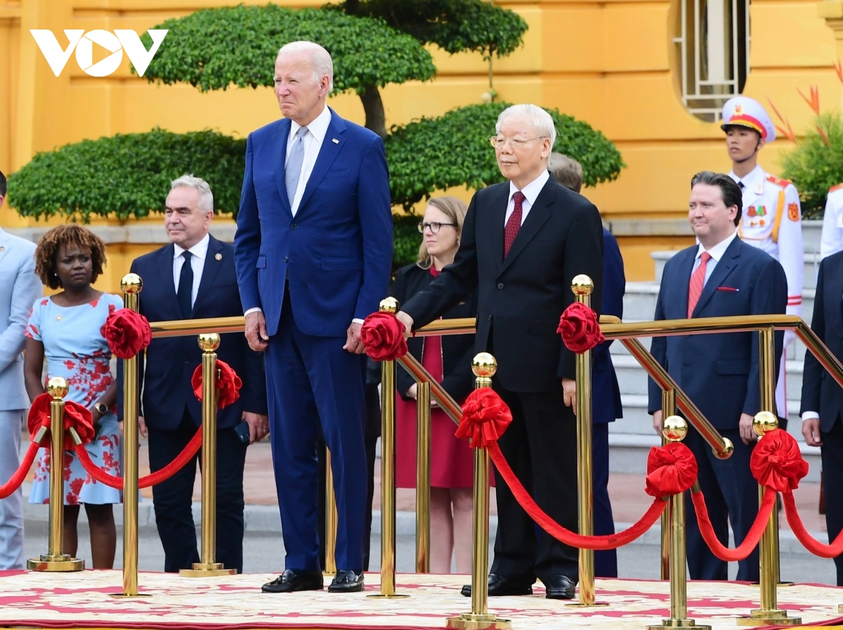 Tổng Bí thư Nguyễn Phú Trọng chủ trì lễ đón chính thức Tổng thống Mỹ Joe Biden vào tháng 9/2023. (Ảnh: Trọng Phú)