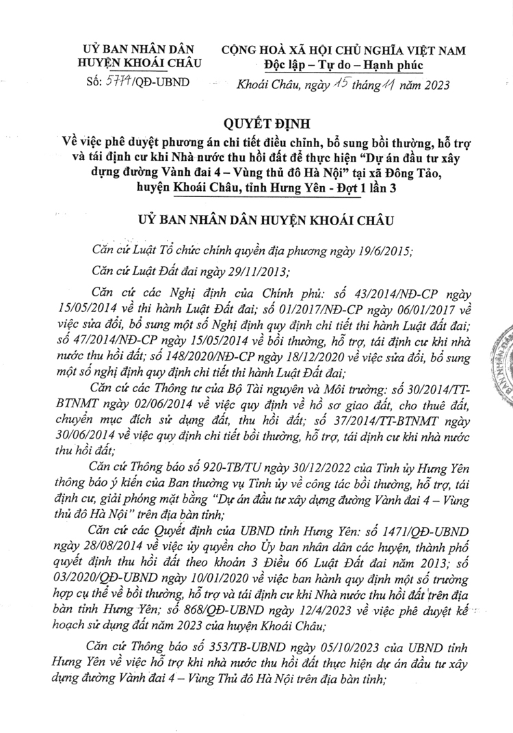 UBND huyện Khoái Châu ban hành quyết định 5774, ngày 15/11/2023, có nội dung phê duyệt kinh phí hỗ trợ chuyển đổi nghề, kinh phí hỗ trợ đời sống, kinh phí bồi thường, hỗ trợ tài sản trên đất.