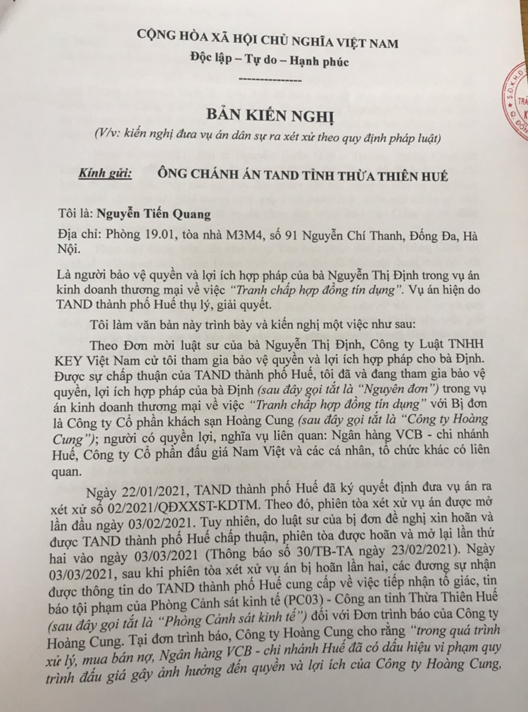 Văn bản của luật sư Nguyễn Tiến Quang kiến nghị TAND Tp Huế đưa vụ án ra xét xử đúng qui định, do thời gian tố tụng đã kéo dài, không hình sự hóa quan hệ dân sự.