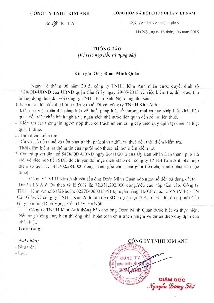 -Ông Nguyễn Lương Thế ký ra văn bản số 19/TB-KA yêu cầu ông Quân phải nộp đủ tiền theo tỷ lệ góp vốn 50%, tương đương hơn 72 tỷ đồng.